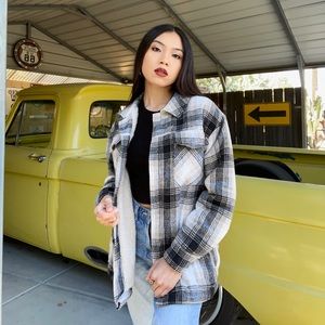 Black & White Plaid Sherpa-Lined Utility Shacket